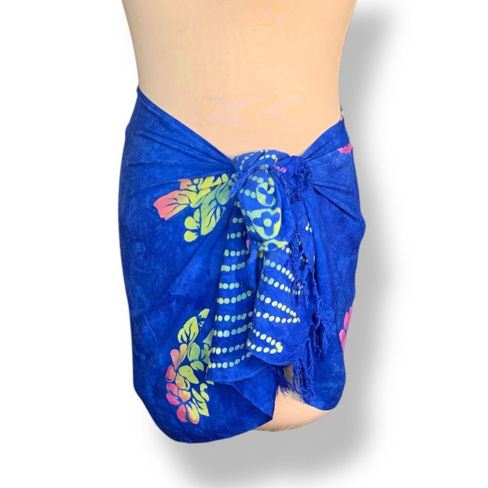 Vintage Pineapple Moon Blue Batik Floral Sarong Wrap Skirt Swim Beach Cover-Up